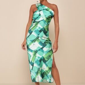 Lulus Iconic Presence Green Abstract Satin One-shoulder Midi Dress - Size M